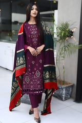 WINTER-3PC KHADDAR CUTWORK EMBROIDERED SHIRT WITH KASHMIRI JACQUARD WOOL SHAWL-1550
